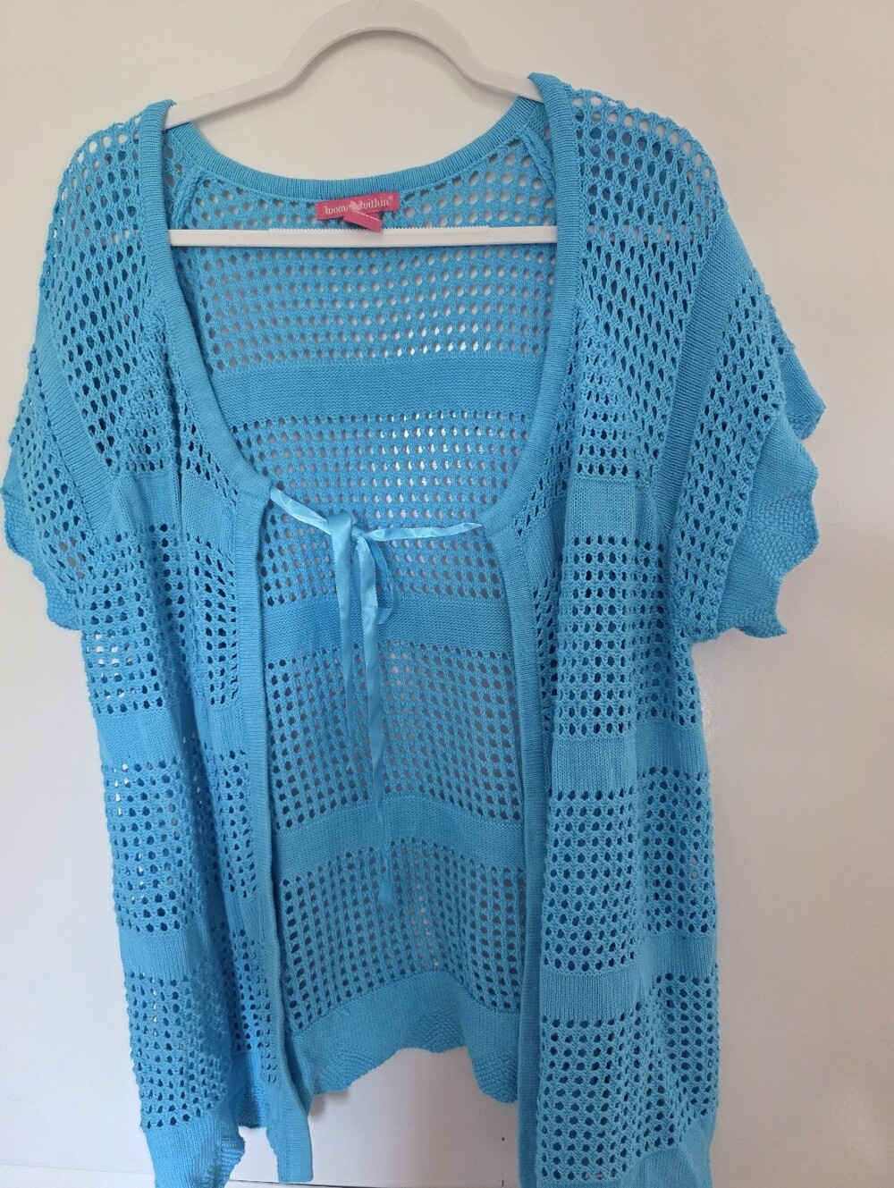 Woman Within Womens Teal Open knit Crochet Open Front Cardigan Ribbon Tie 1 XL